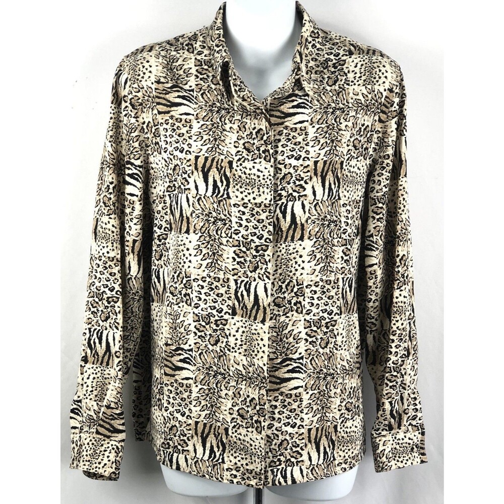 Vintage Silky Button Up Top 8P Leopard Cheetah Long Sleeve Collar Retro Career